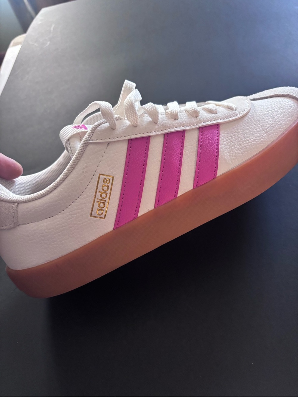 Adidas Women’s Cream Sneakers with Pink Stripes